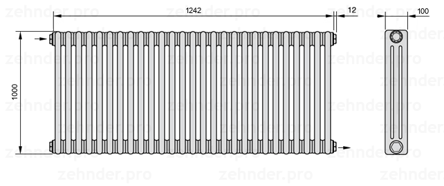 Схема (чертеж) Радиатор Zehnder Charleston 3100/27 №1670 Белый глянцевый RAL 9016